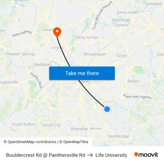 Bouldercrest Rd @ Panthersville Rd to Life University map
