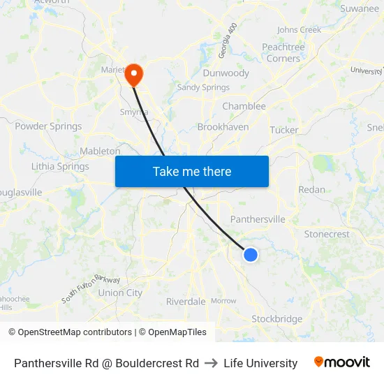 Panthersville Rd @ Bouldercrest Rd to Life University map
