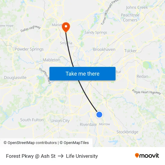 Forest Pkwy @ Ash St to Life University map