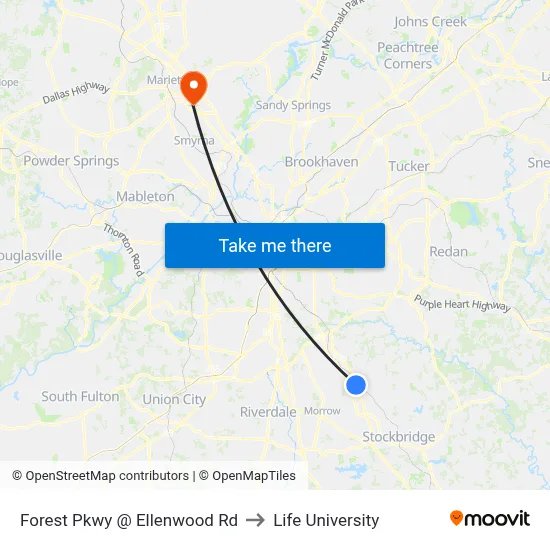 Forest Pkwy @ Ellenwood Rd to Life University map