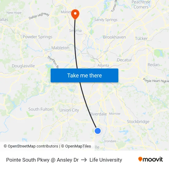 Pointe South Pkwy @ Ansley Dr to Life University map