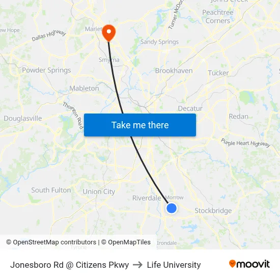 Jonesboro Rd @ Citizens Pkwy to Life University map
