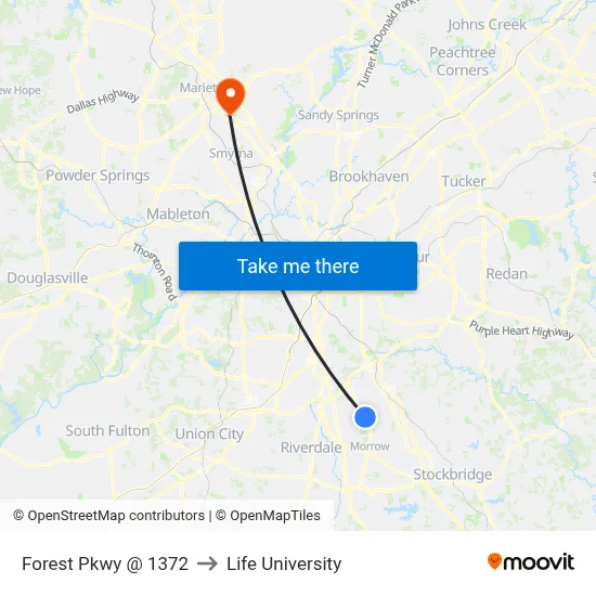 Forest Pkwy @ 1372 to Life University map