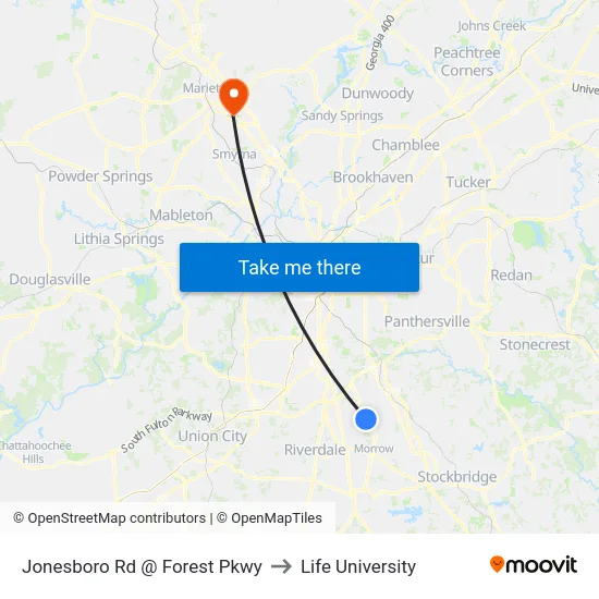 Jonesboro Rd @ Forest Pkwy to Life University map