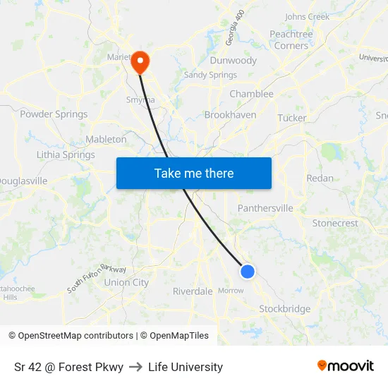 Sr 42 @ Forest Pkwy to Life University map