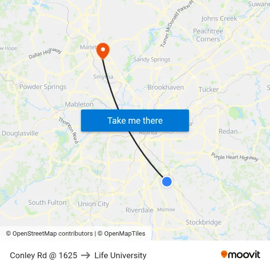 Conley Rd @ 1625 to Life University map