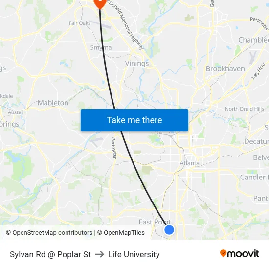 Sylvan Rd @ Poplar St to Life University map