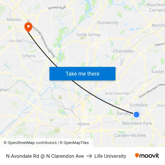 N Avondale Rd @ N Clarendon Ave to Life University map