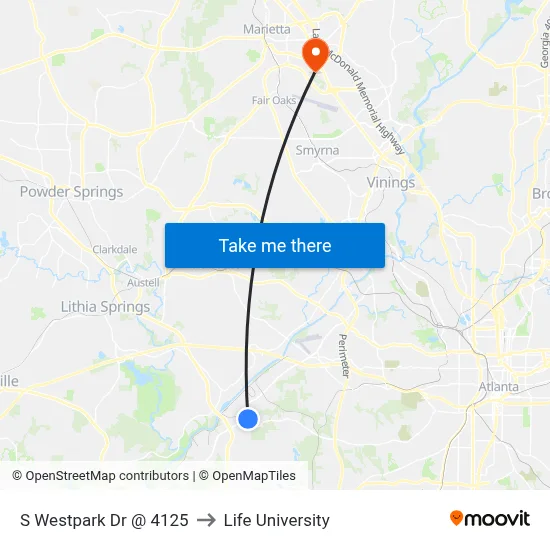 S Westpark Dr @ 4125 to Life University map