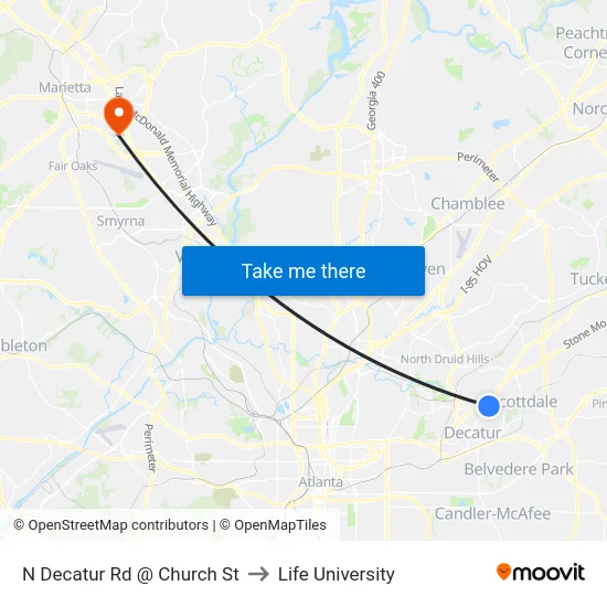 N Decatur Rd @ Church St to Life University map