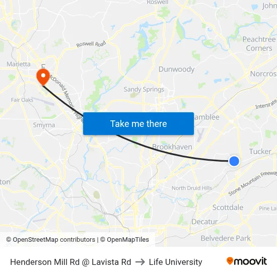 Henderson Mill Rd @ Lavista Rd to Life University map