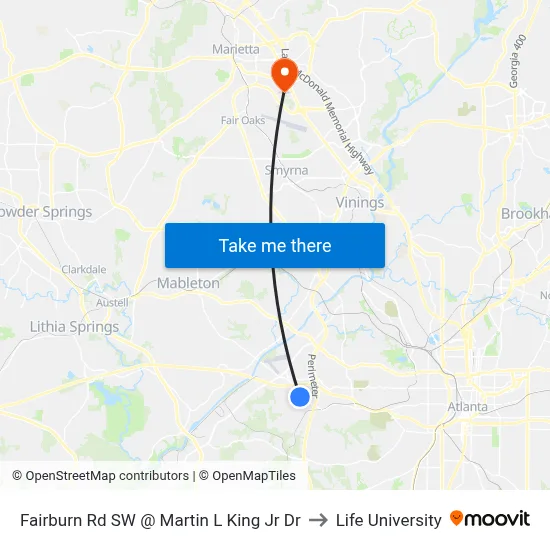 Fairburn Rd SW @ Martin L King Jr Dr to Life University map