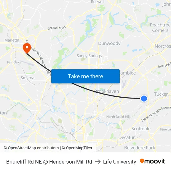 Briarcliff Rd NE @ Henderson Mill Rd to Life University map