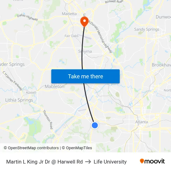 Martin L King Jr Dr @ Harwell Rd to Life University map