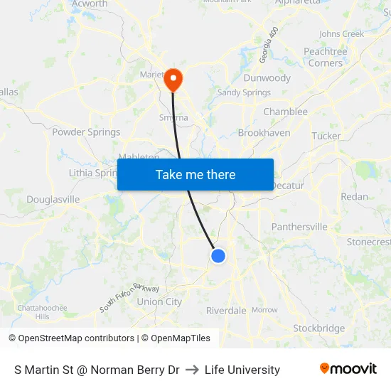 S Martin St @ Norman Berry Dr to Life University map