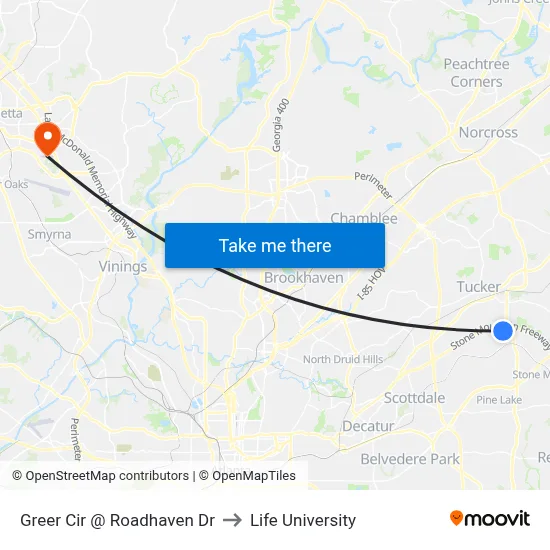 Greer Cir @ Roadhaven Dr to Life University map