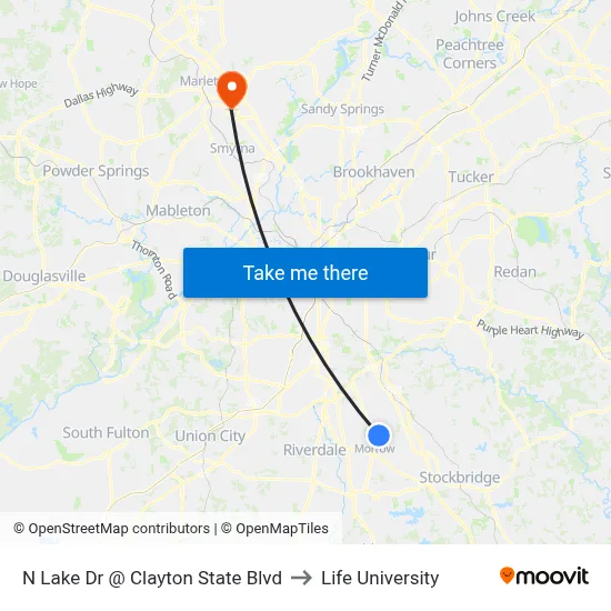 N Lake Dr @ Clayton State Blvd to Life University map