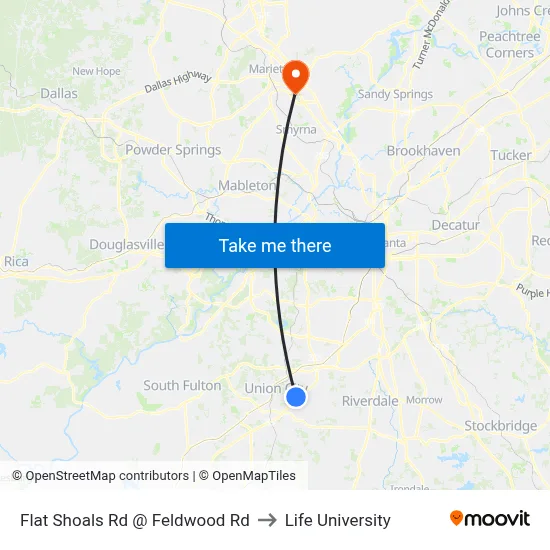 Flat Shoals Rd @ Feldwood Rd to Life University map