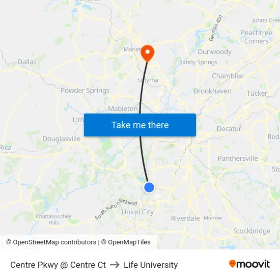 Centre Pkwy @ Centre Ct to Life University map