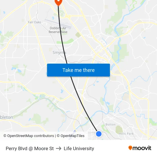 Perry Blvd @ Moore St to Life University map