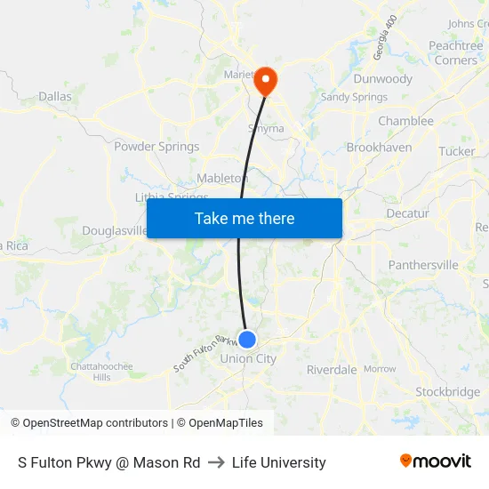 S Fulton Pkwy @ Mason Rd to Life University map