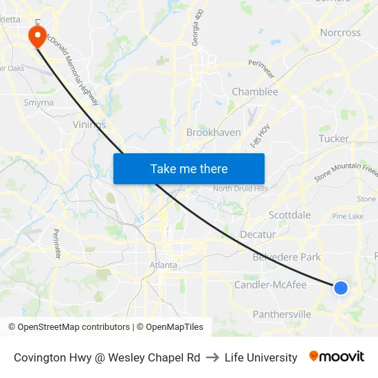 Covington Hwy @ Wesley Chapel Rd to Life University map