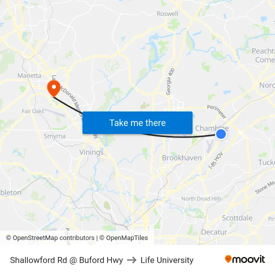 Shallowford Rd @ Buford Hwy to Life University map