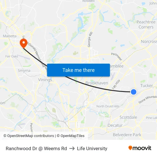 Ranchwood Dr @ Weems Rd to Life University map