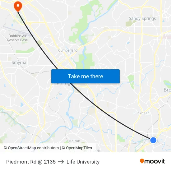 Piedmont Rd @ 2135 to Life University map