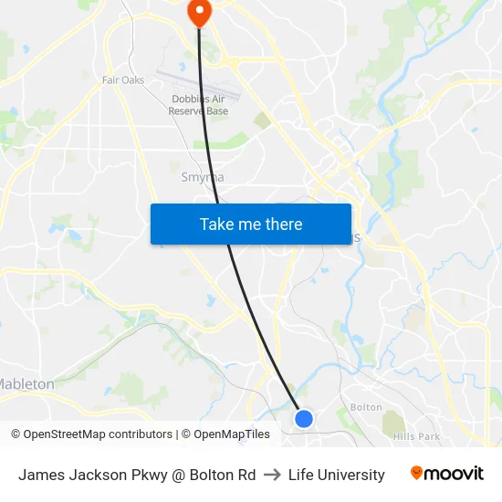 James Jackson Pkwy @ Bolton Rd to Life University map