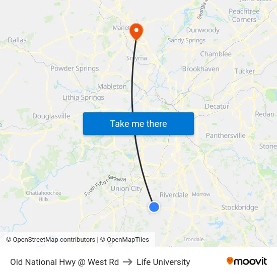 Old National Hwy @ West Rd to Life University map