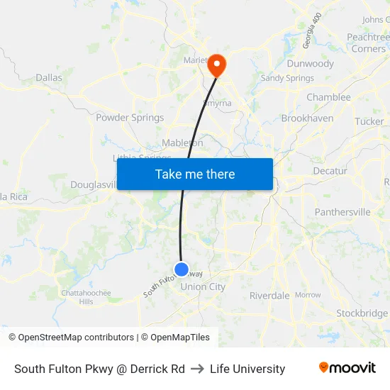 South Fulton Pkwy @ Derrick Rd to Life University map