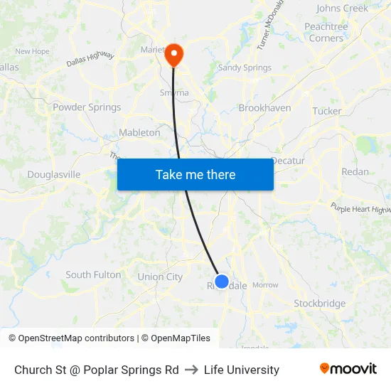 Church St @ Poplar Springs Rd to Life University map