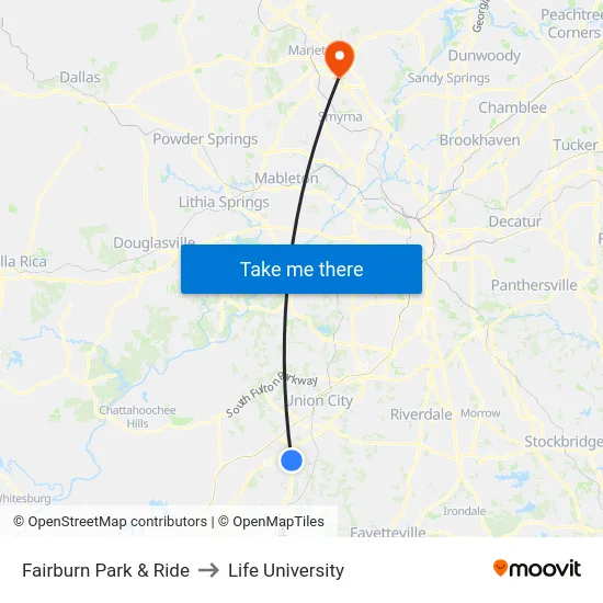 Fairburn Park & Ride to Life University map