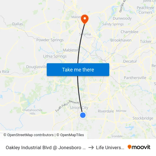 Oakley Industrial Blvd @ Jonesboro Rd to Life University map