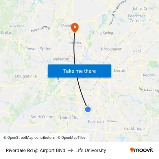 Riverdale Rd @ Airport Blvd to Life University map