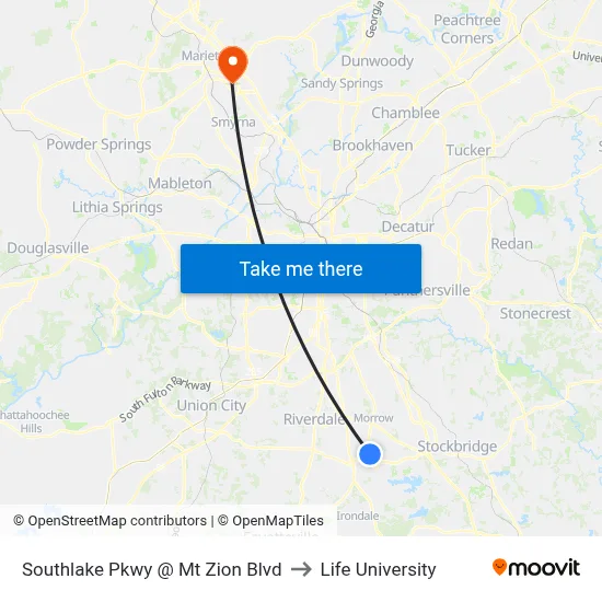 Southlake Pkwy @ Mt Zion Blvd to Life University map