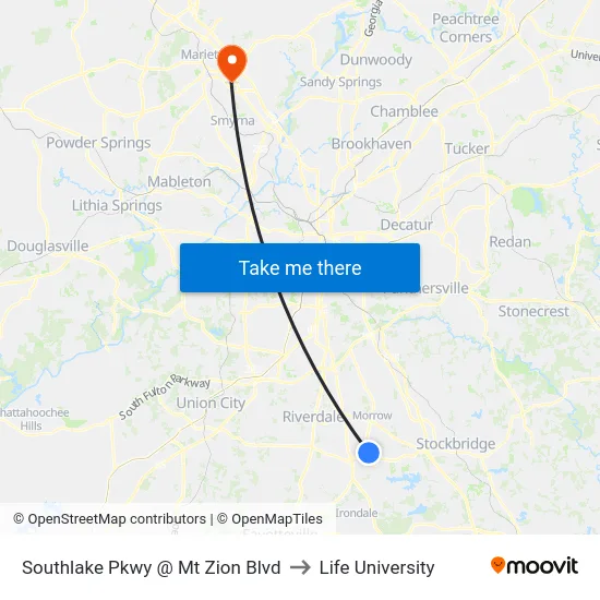 Southlake Pkwy @ Mt Zion Blvd to Life University map