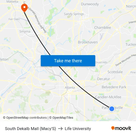 South Dekalb Mall (Macy'S) to Life University map