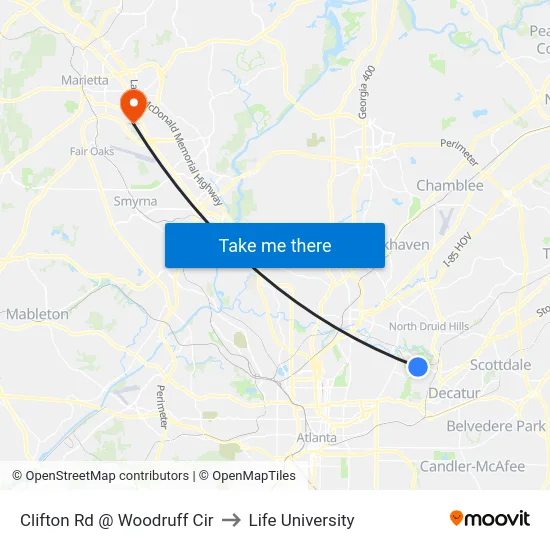 Clifton Rd @ Woodruff Cir to Life University map