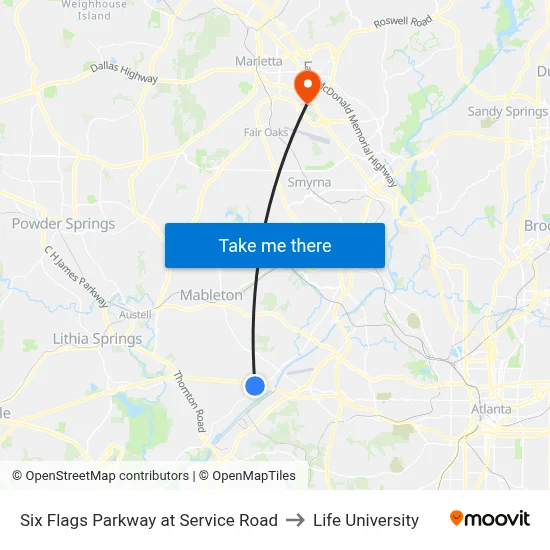 Six Flags Parkway at Service Road to Life University map