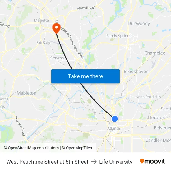 West Peachtree Street at 5th Street to Life University map