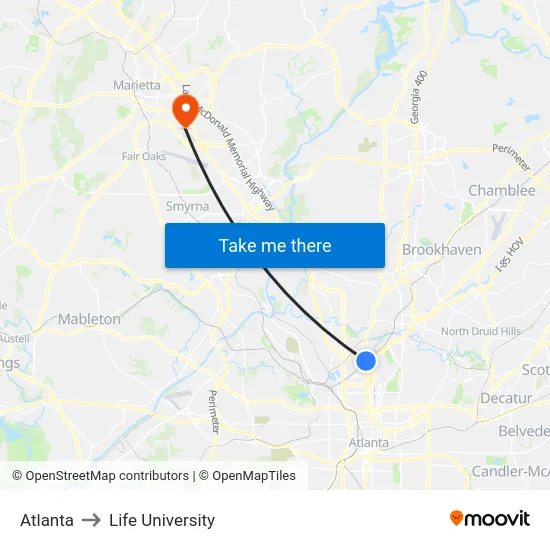 Atlanta to Life University map