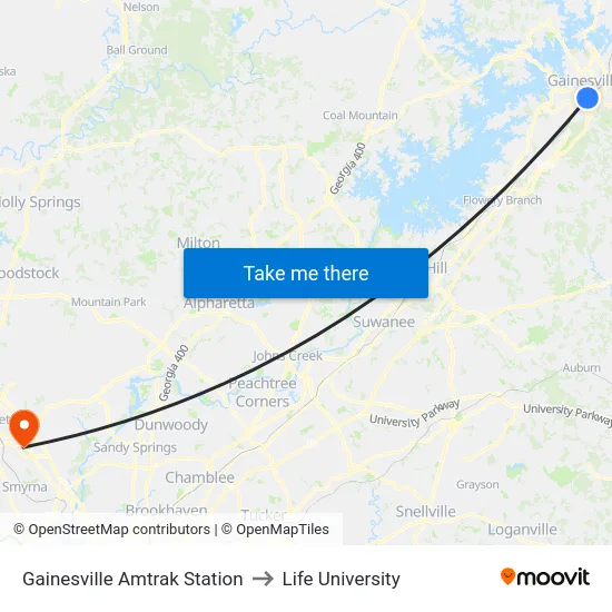 Gainesville Amtrak Station to Life University map