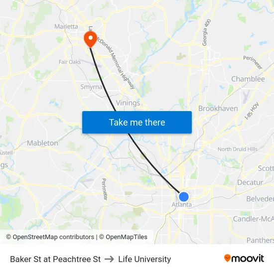 Baker St at Peachtree St to Life University map