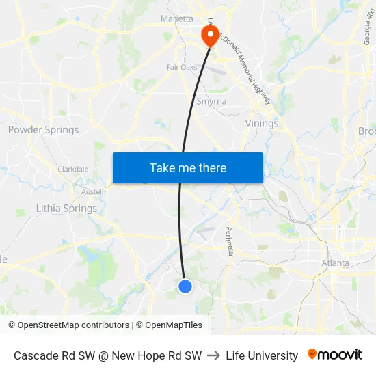 Cascade Rd SW @ New Hope Rd SW to Life University map