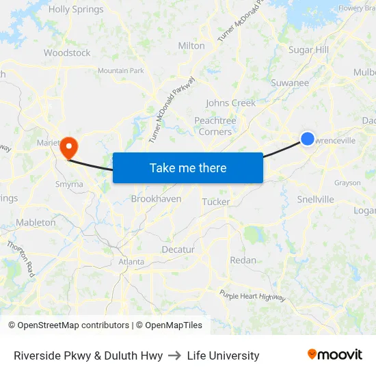 Riverside Pkwy & Duluth Hwy to Life University map