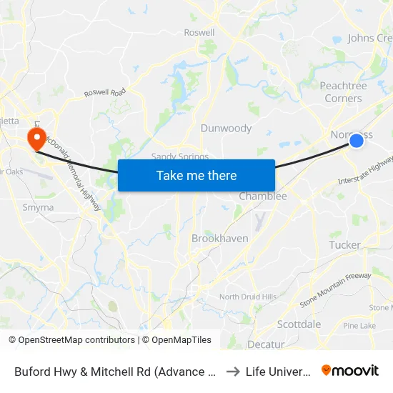 Buford Hwy & Mitchell Rd (Advance Auto) to Life University map
