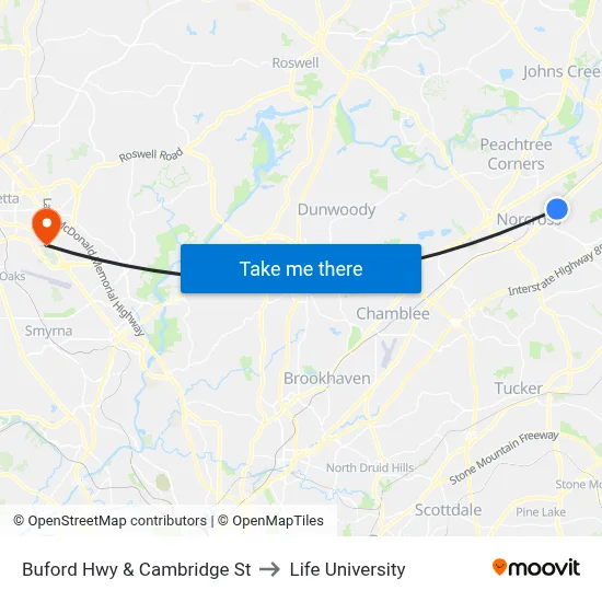 Buford Hwy & Cambridge St to Life University map