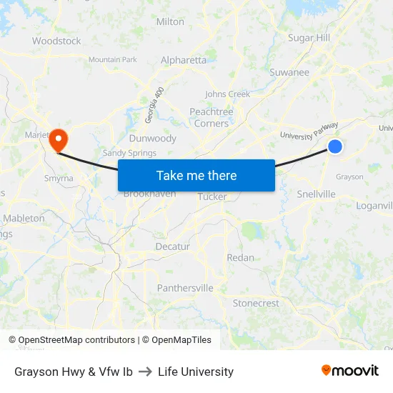 Grayson Hwy & Vfw Ib to Life University map